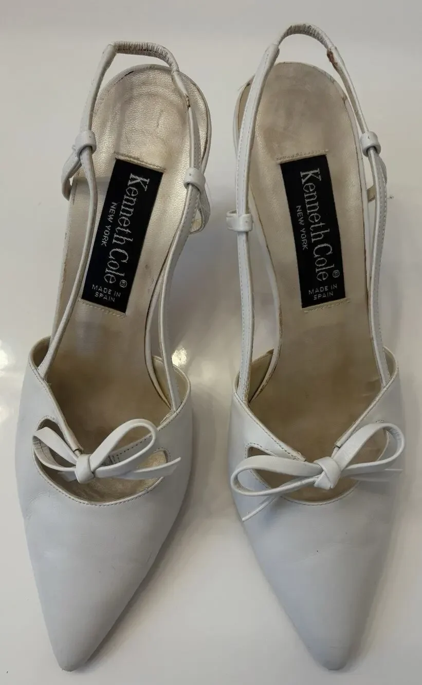Vintage Kenneth Cole Slingback Pumps White Kitten Heel Size 8 Leather